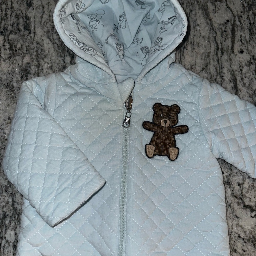 Fendi Kids Quilted Jacket - Light Blue with Bear Patch